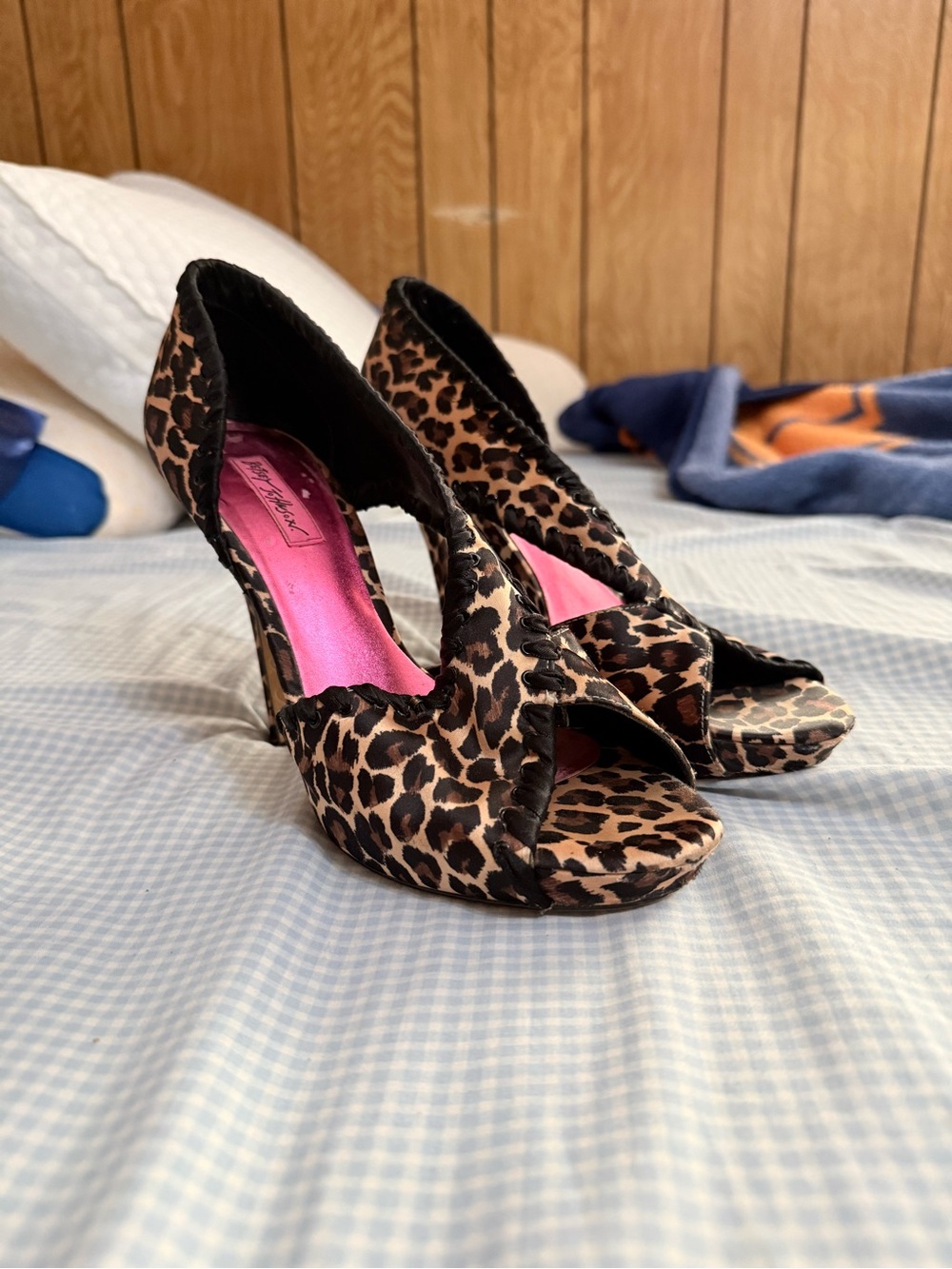 Betsey Johnson Leopard Print Peep-Toe Heels with Pink Insole
